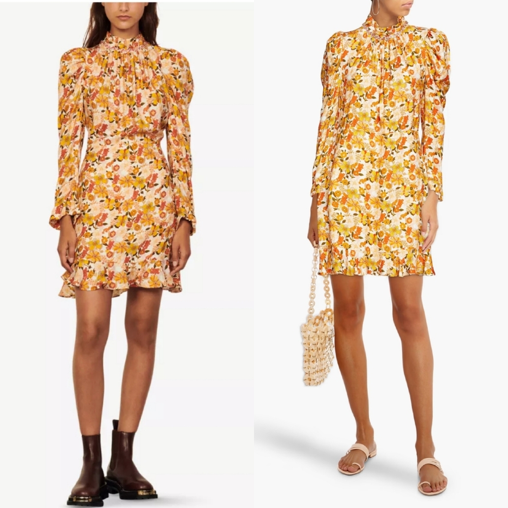 NWT Sandro Grace Ruched Floral Embellished Mini Dress Yellow Orange 38/6